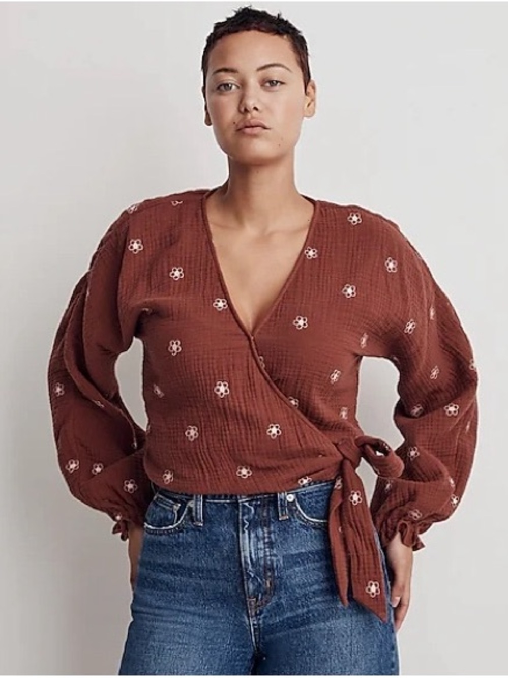 Madewell Rust Brown Floral Wrap Blouse